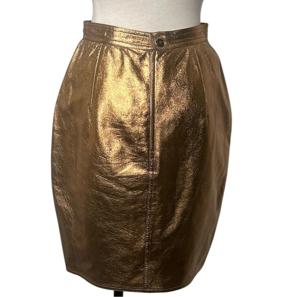 Ungaro Parallele Vintage Metallic Pencil Leather Skirt Made in Italy Size 8